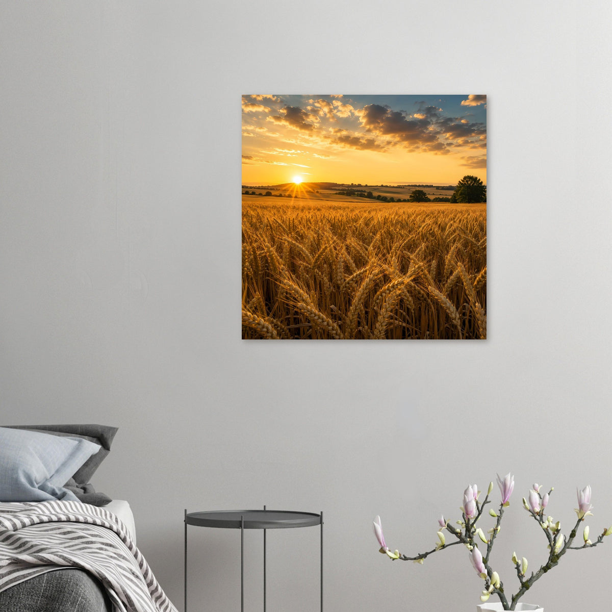 Kleines Wandposter mit Weizenfeld-Sonnenaufgang und goldenen Ähren, warmes Himmelslicht