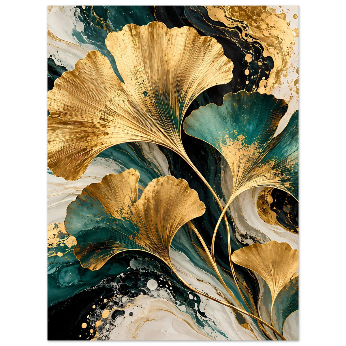 Naturposter mit goldenen Ginkgo-Blättern, türkis-grünen Aquarellflächen und Goldsprenkeln