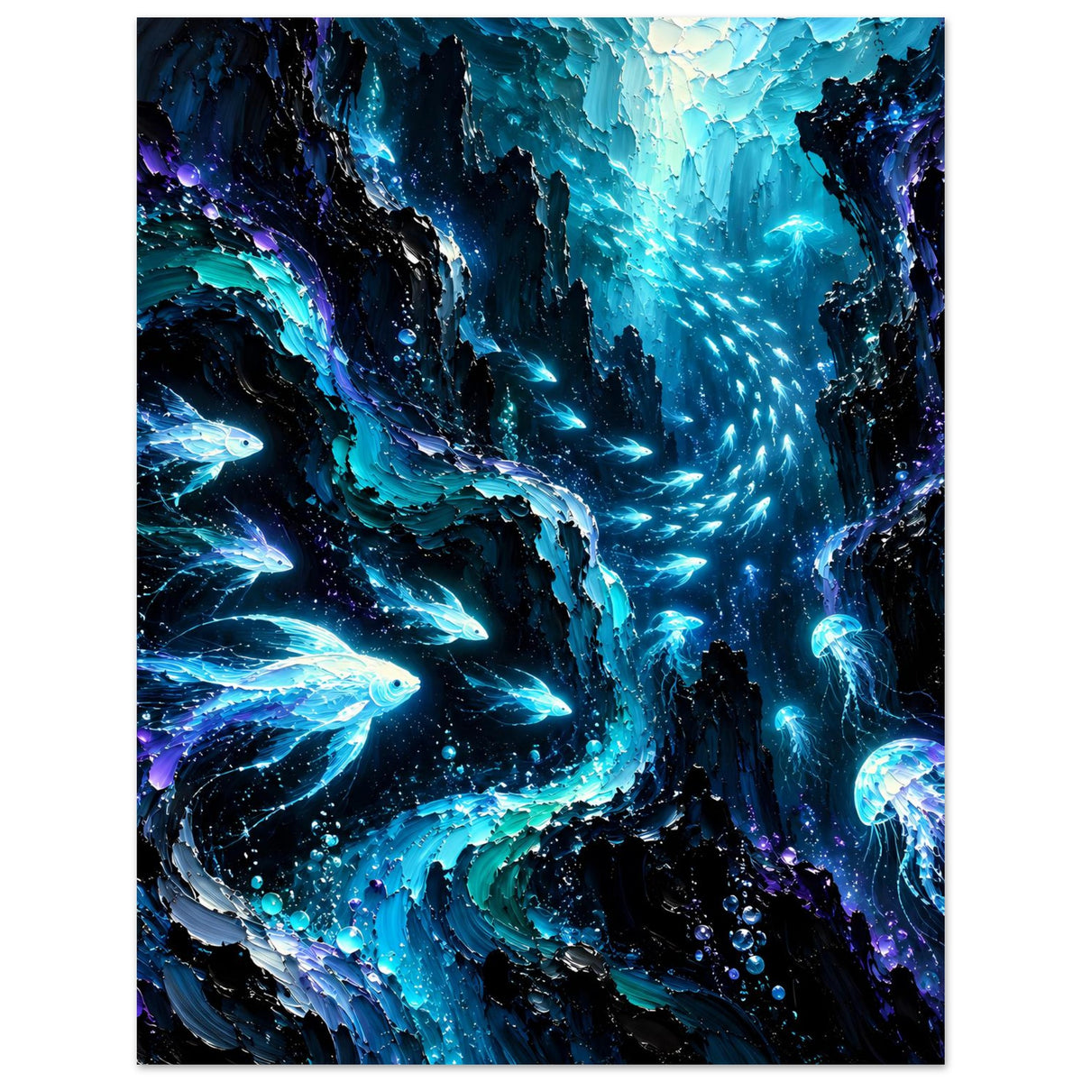 Leuchtendes Meeresleben-Poster: leuchtende Fische, Quallen und Strudel in tiefblauer Tiefe