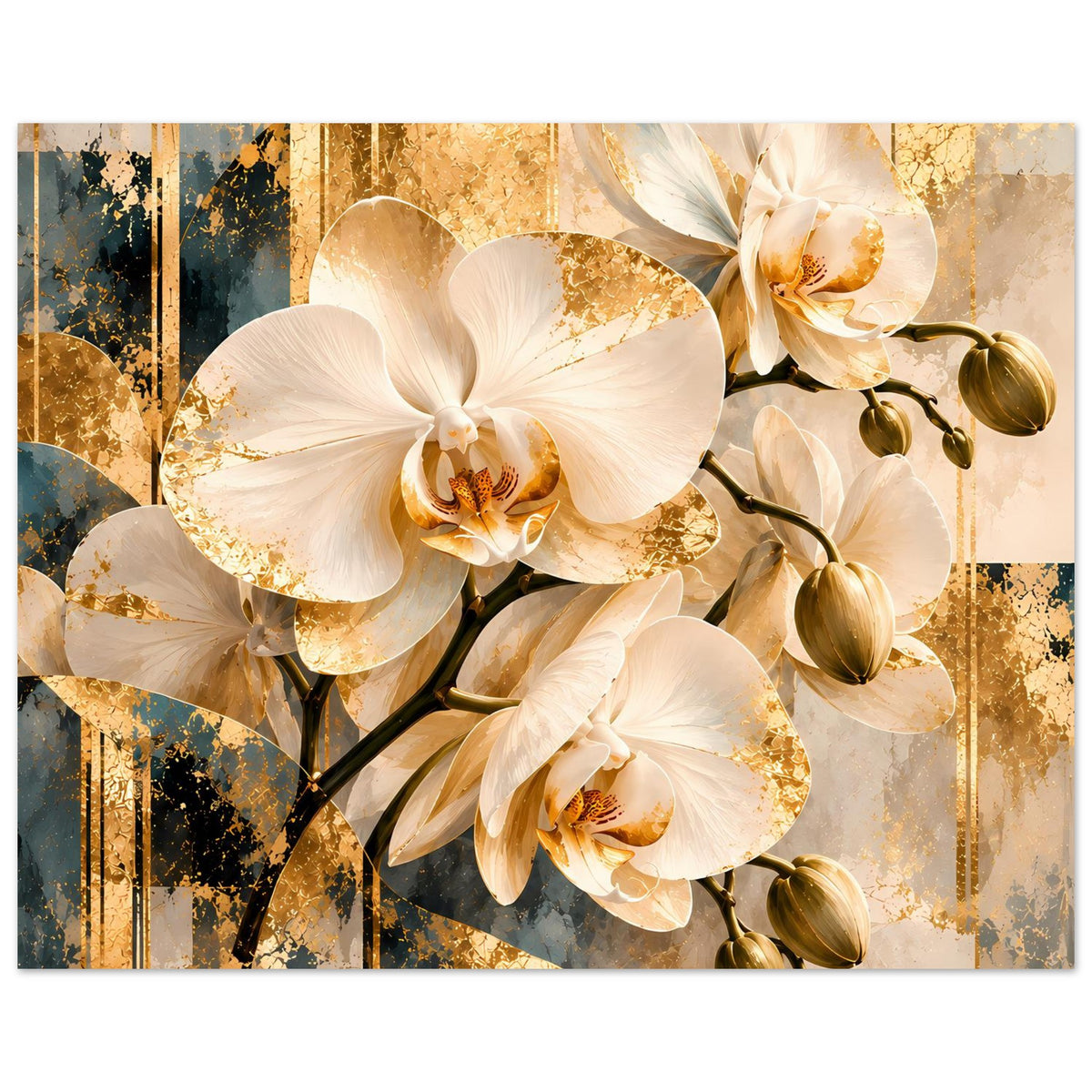 Orchideen-Wandbild mit weißen Blüten und goldenen Akzenten, rechteckiges Poster mit Rand