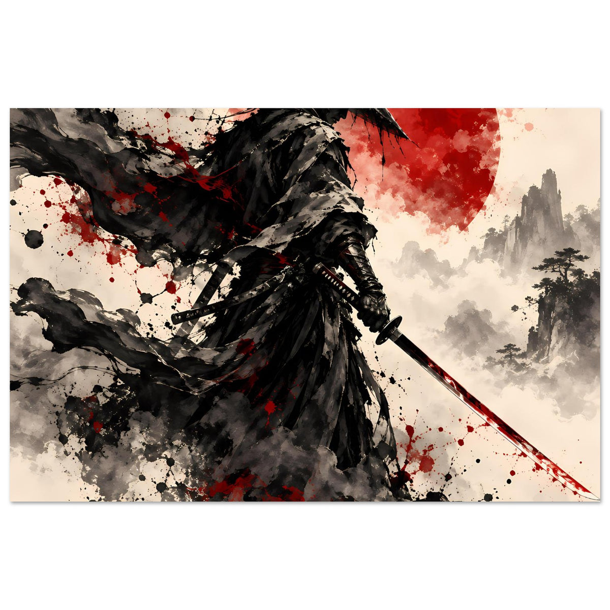 Samurai-Kriegerposter im Querformat: Katana, roter Mond und Spritzer-Optik