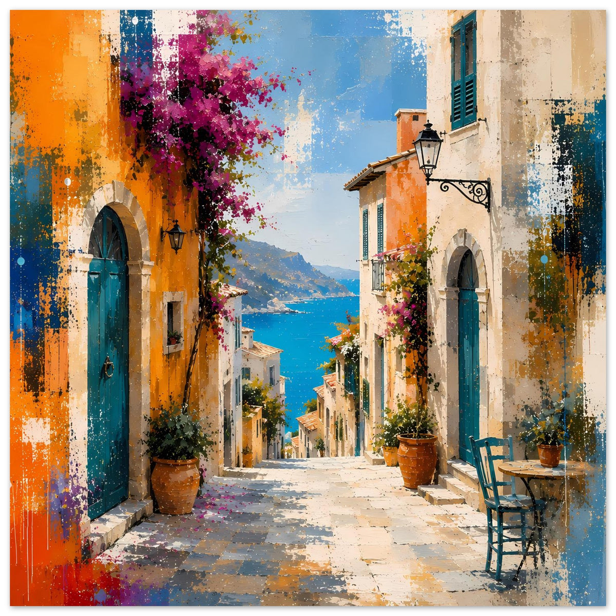 Wandposter mit mediterraner Straße: orange Gebäude, blaue Türen, lila Blüten und Wegpflaster