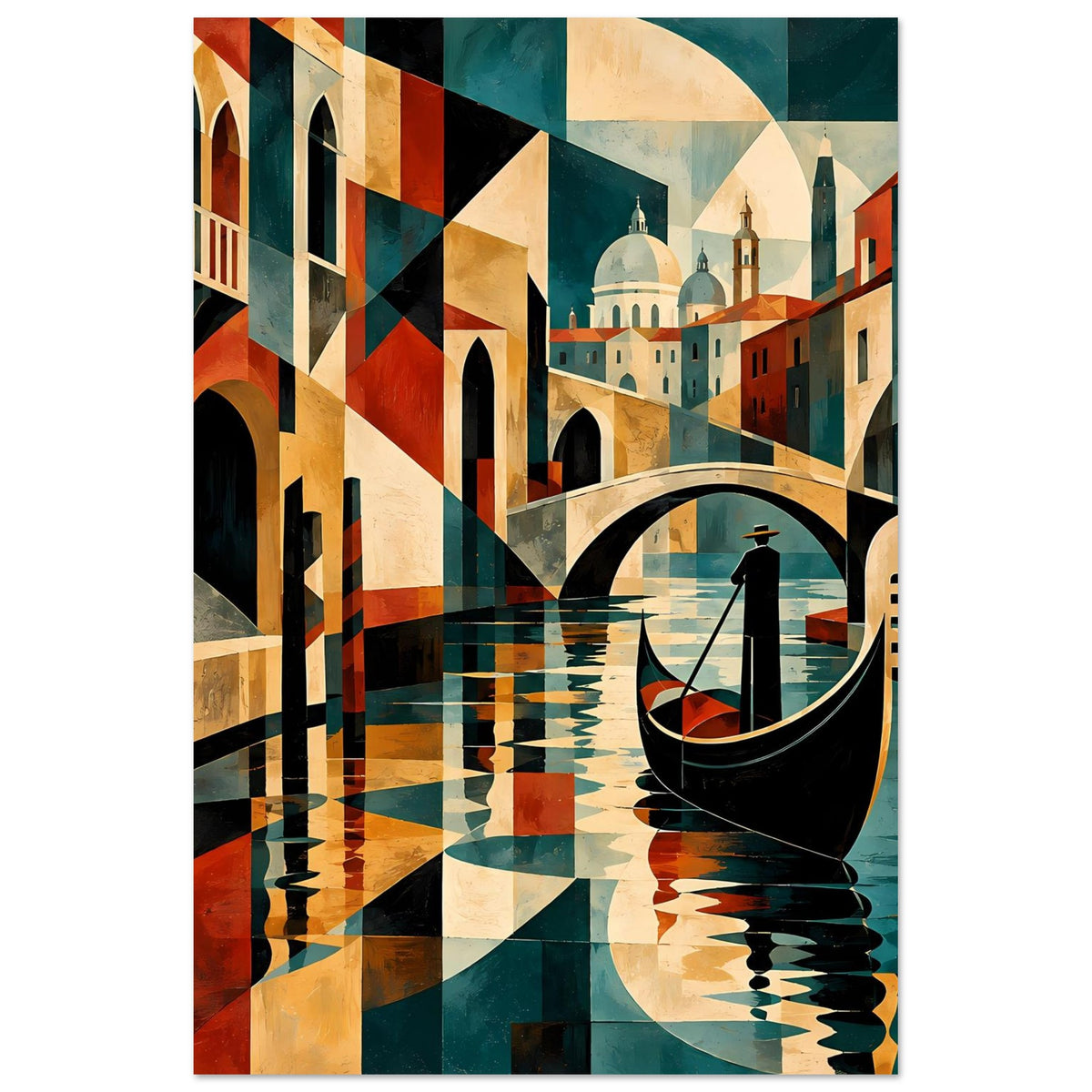 Poster mit Venedig-Kanal: Gondel vor bunten Fassaden, Brücke im Hintergrund, reflektierendes Wasser.