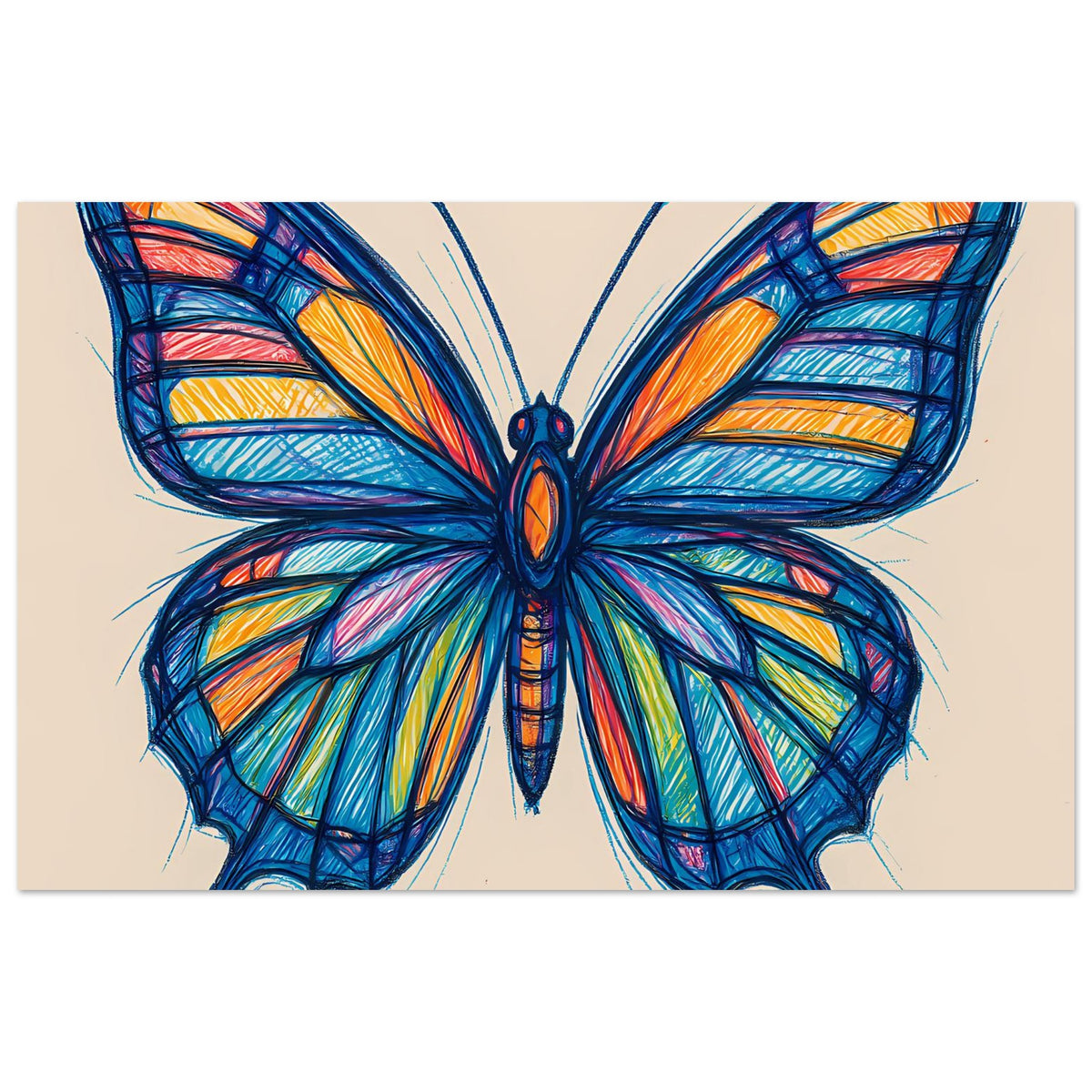 Kunstposter im Querformat: blauer Schmetterling mit mehrfarbigen Flügeln