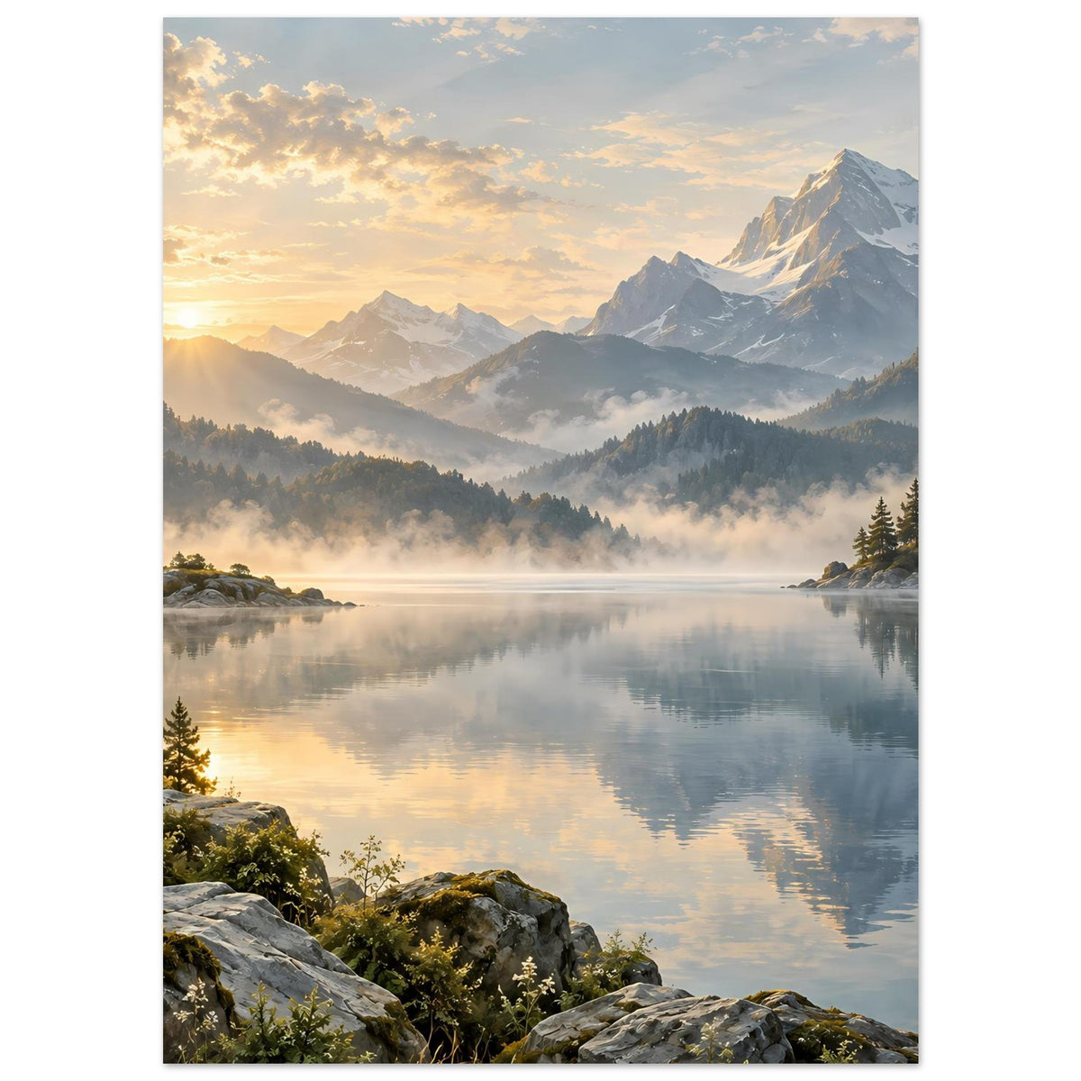 Landschaftsposter: ruhiger Bergsee bei Sonnenaufgang, Berge und Nebel im Hintergrund