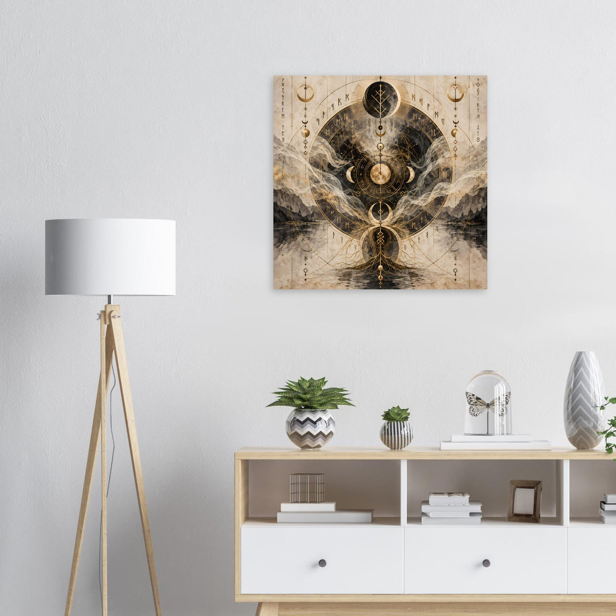 Wandposter mit Mondphasen, goldfarbenen Verzierungen und neutralen Farbtönen