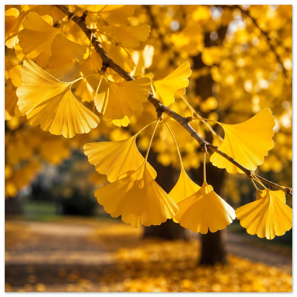 Herbstliches Ginkgoblätter-Poster: Nahansicht goldener Fächerblätter am Ast
