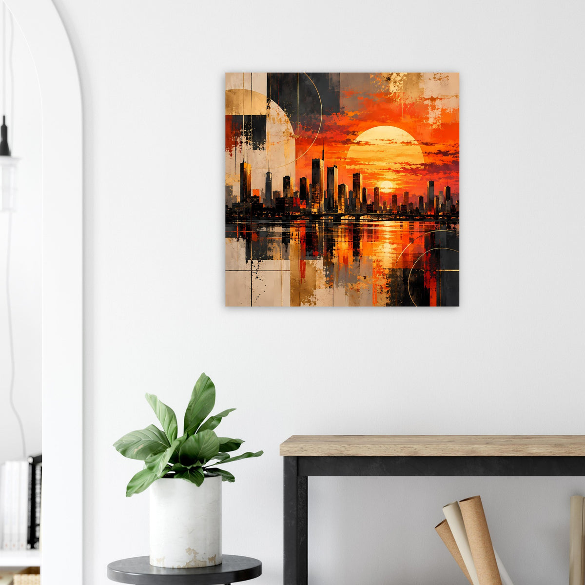 Poster mit abstrakter Stadtsilhouette, orangefarbenem Himmel und dunklen Gebäudeformen