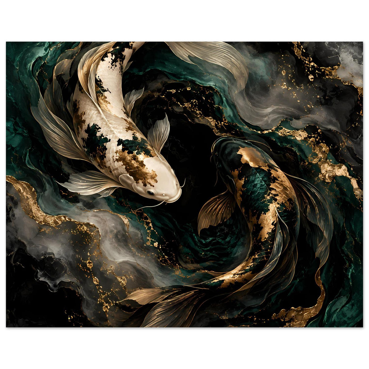 Kunstposter mit Koi-Fischen, dunkles Grün, goldene Verzierungen und weiße Fischflossen