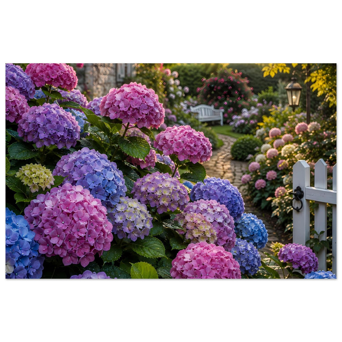 Horizontales Gartenposter mit bunten Hortensien in Pink, Lila und Blau neben weißem Gartenzaun