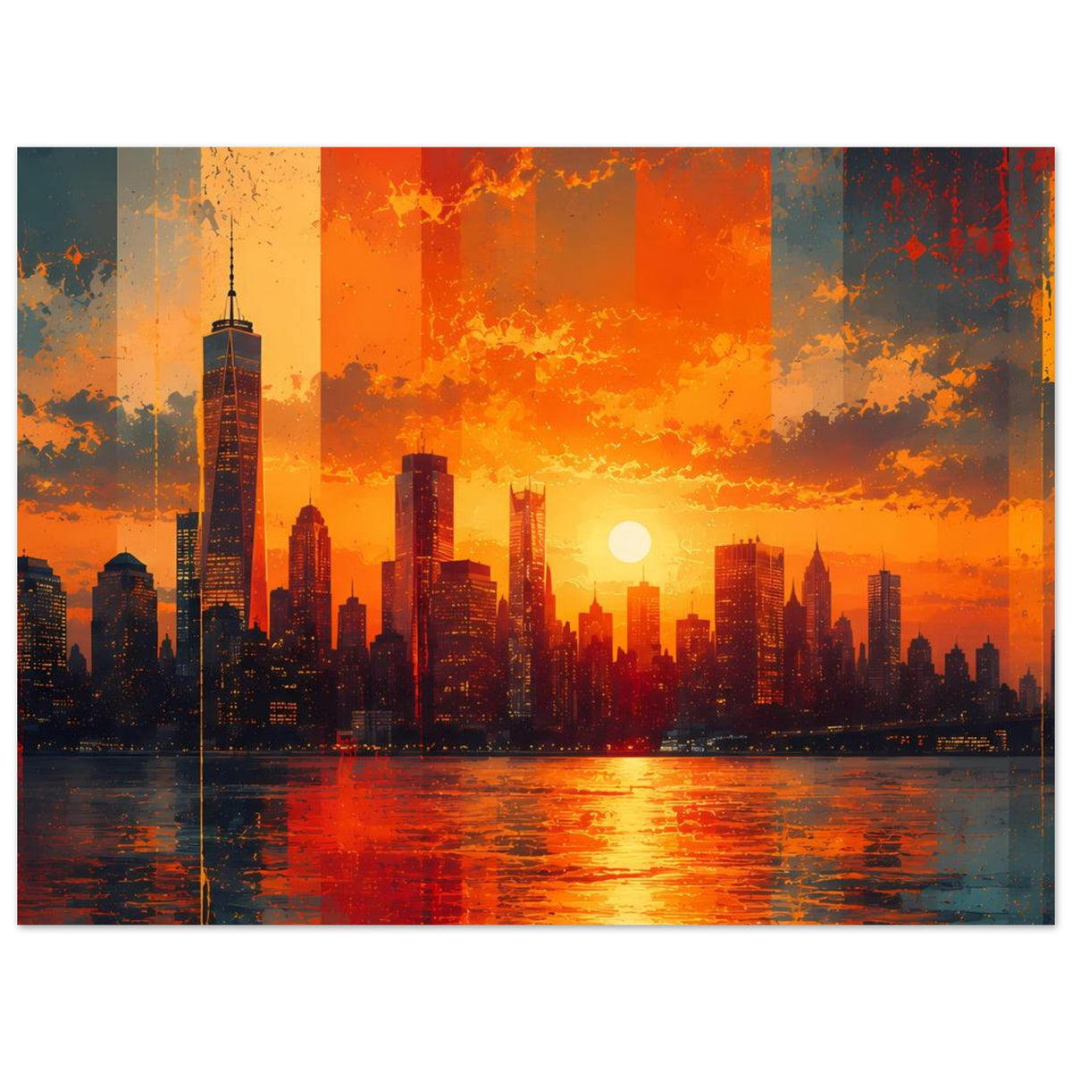 Breites Poster mit Skyline bei Sonnenuntergang, Flussreflexen und orangefarbener Sonne.