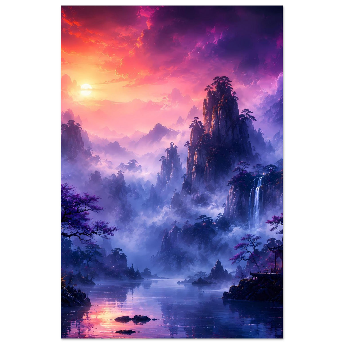 Hochkant-Fantasy-Poster mit nebligem Tal, Wasserfläche, Wasserfall und violettem Abendhimmel