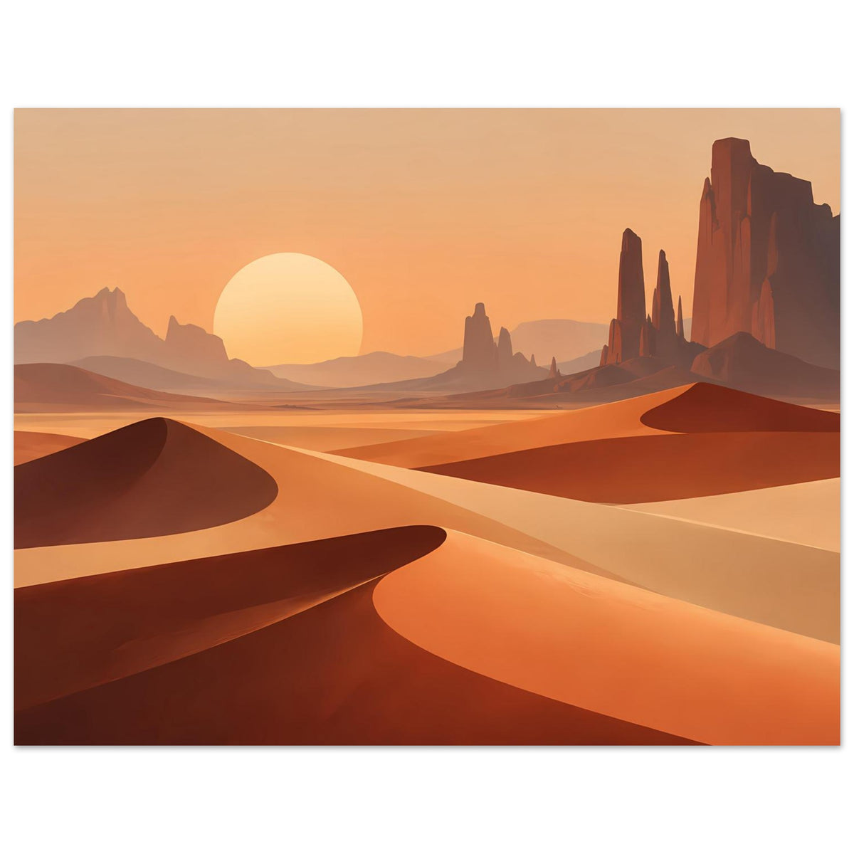Horizontales Poster: orangefarbene Dünenlandschaft, gelber Sonnenkreis und Felsformationen
