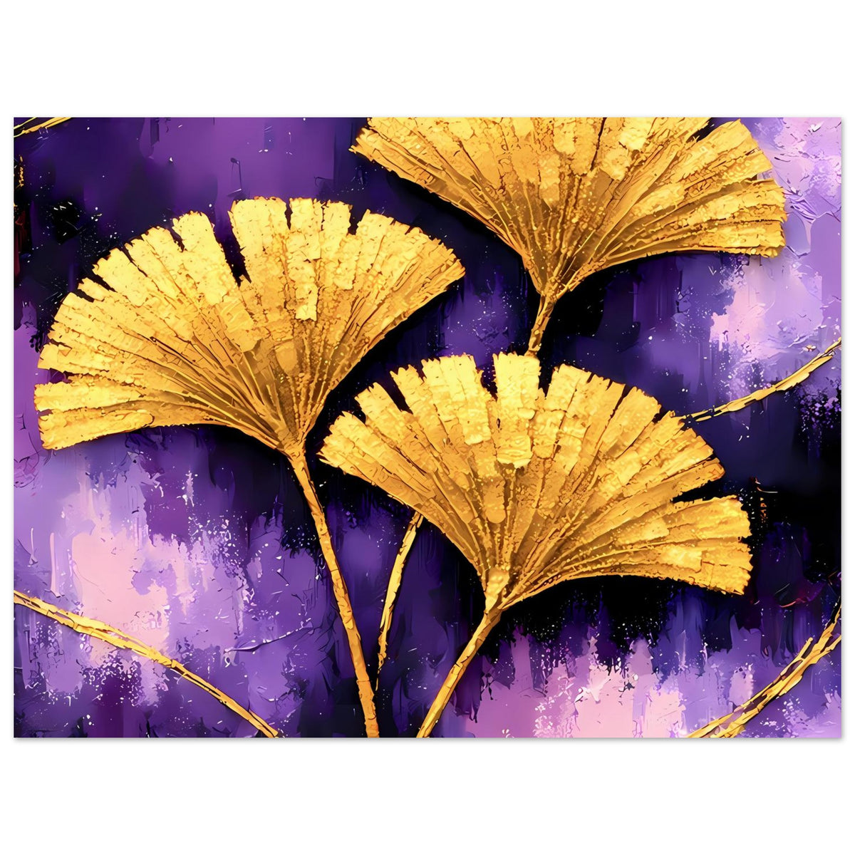 Querformat-Poster mit goldenen Ginkgo-Blättern und violettem Farbverlauf, goldene Äste