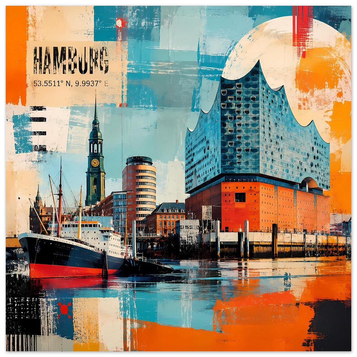 Hamburg-Poster mit Elbphilharmonie und Hafenstimmung, türkis-orangefarbener Stilcollage