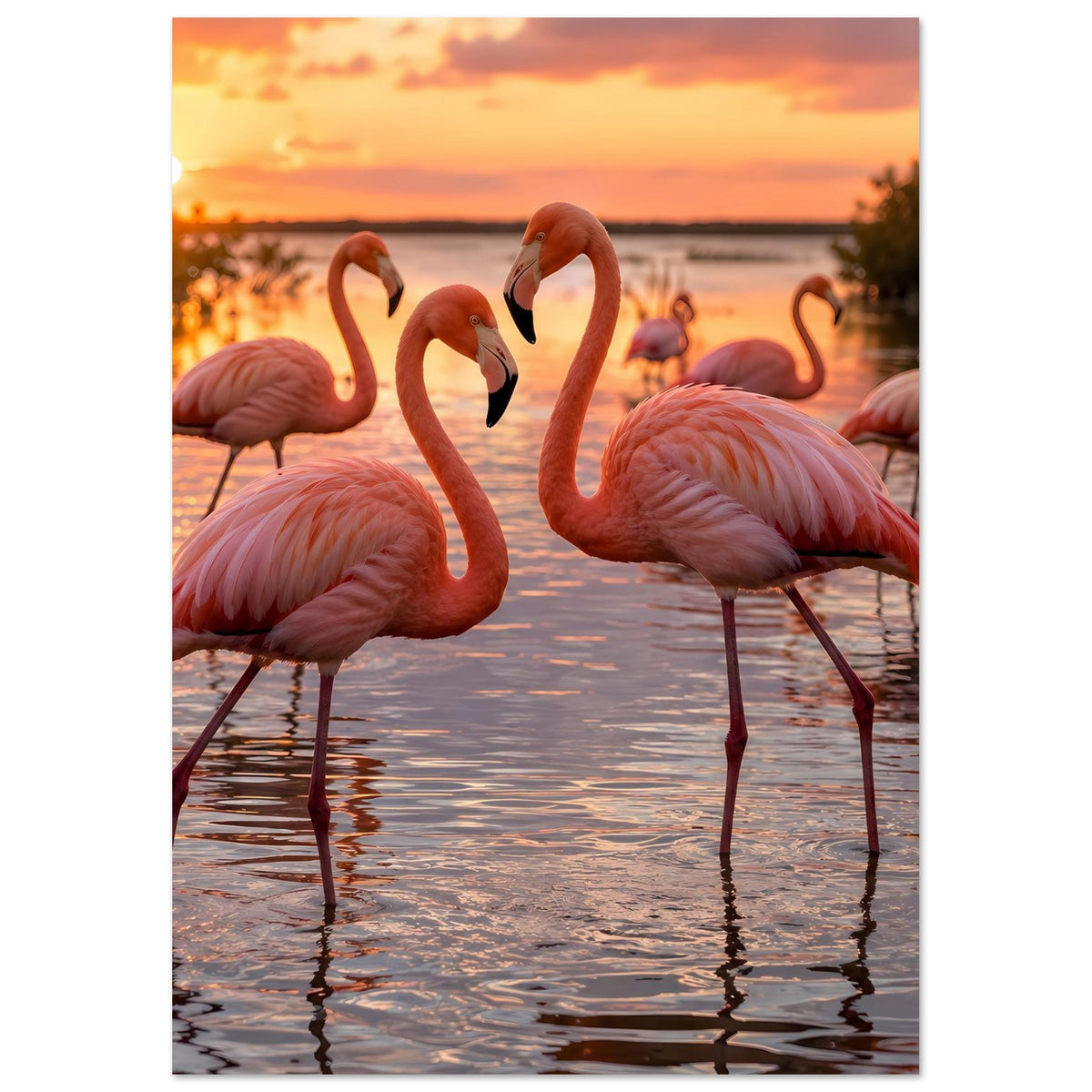 Poster mit Flamingos am Wasser bei Sonnenuntergang, vertikal