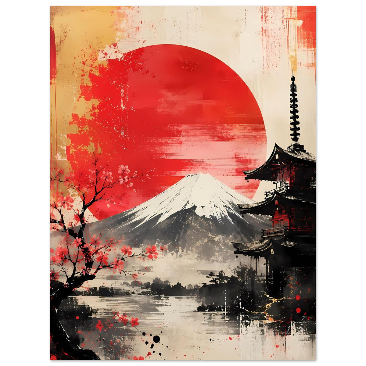 Poster: roter Sonnenhalbkreis über Mount Fuji, Pagode rechts, Kirschblüten und getupfte Akzente