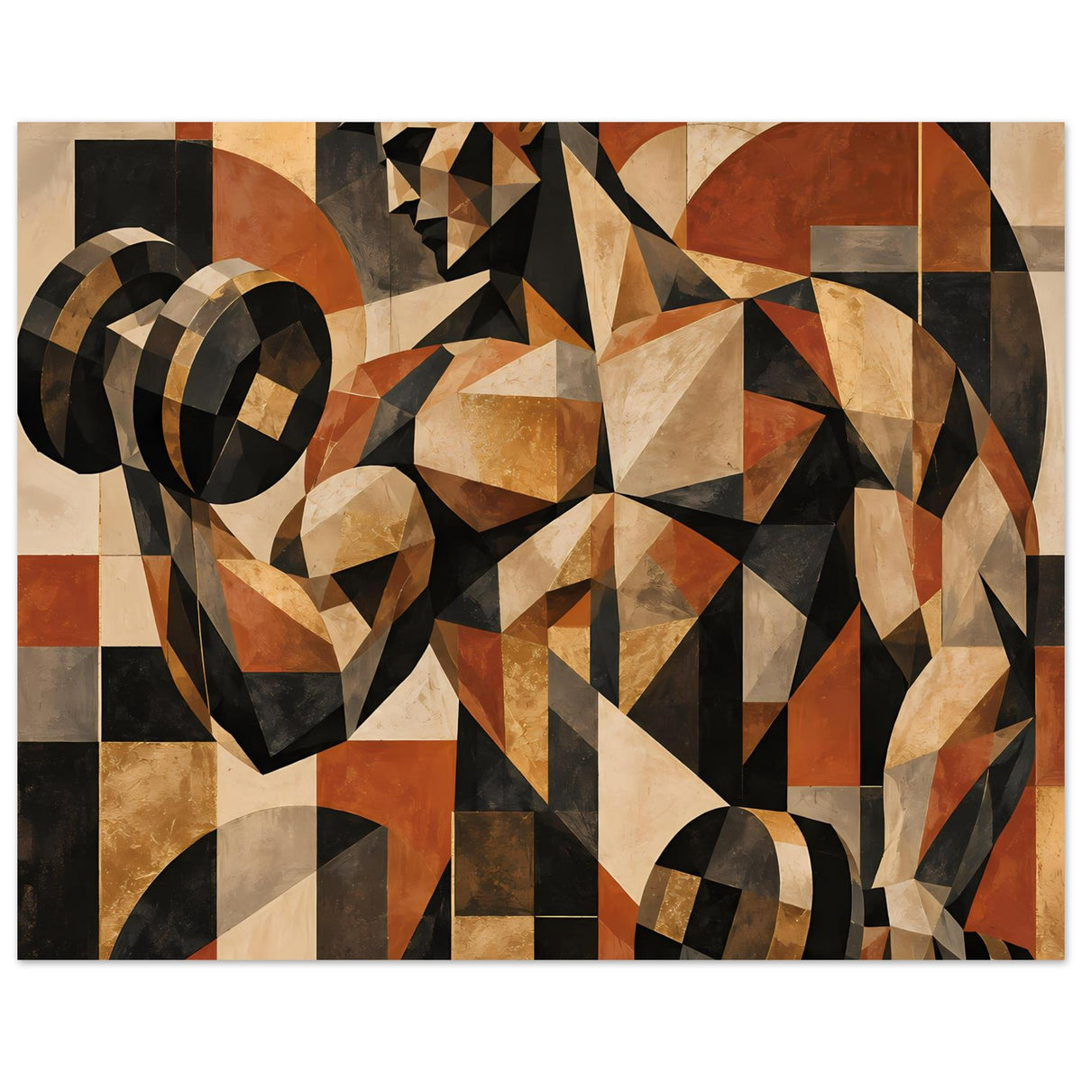 Geometrisches Kraft-Poster im Querformat, abstrakte Personendarstellung in warmen Erdtönen