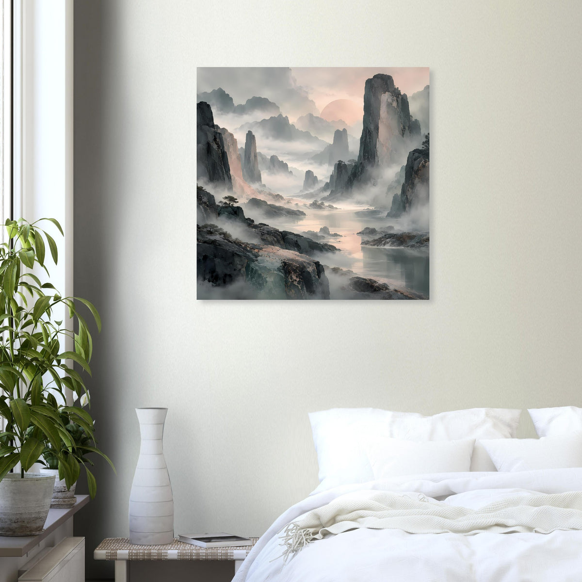 Poster mit nebligen Bergen, Lichtstimmung am Horizont und gedämpften Pastelltönen