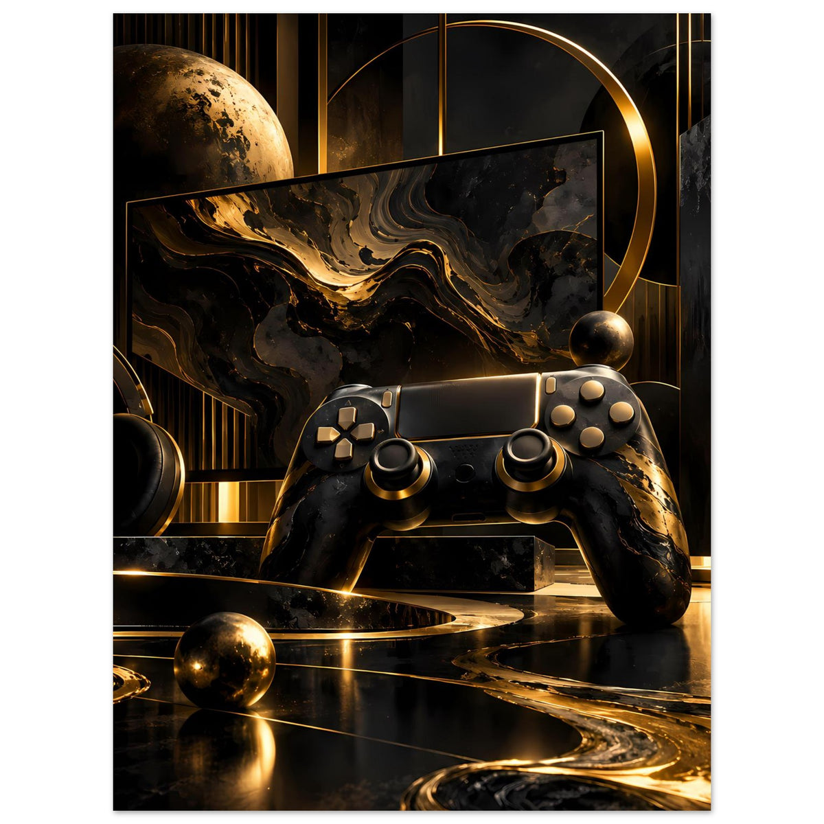 Gaming-Poster: Gamecontroller im Zentrum, Planet am Rand, goldene Kreise und Rahmenbogen