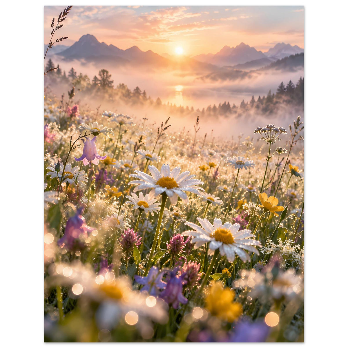 Vertikales Blumenwiesen-Poster mit Wildblumen im Vordergrund und nebliger Landschaft.
