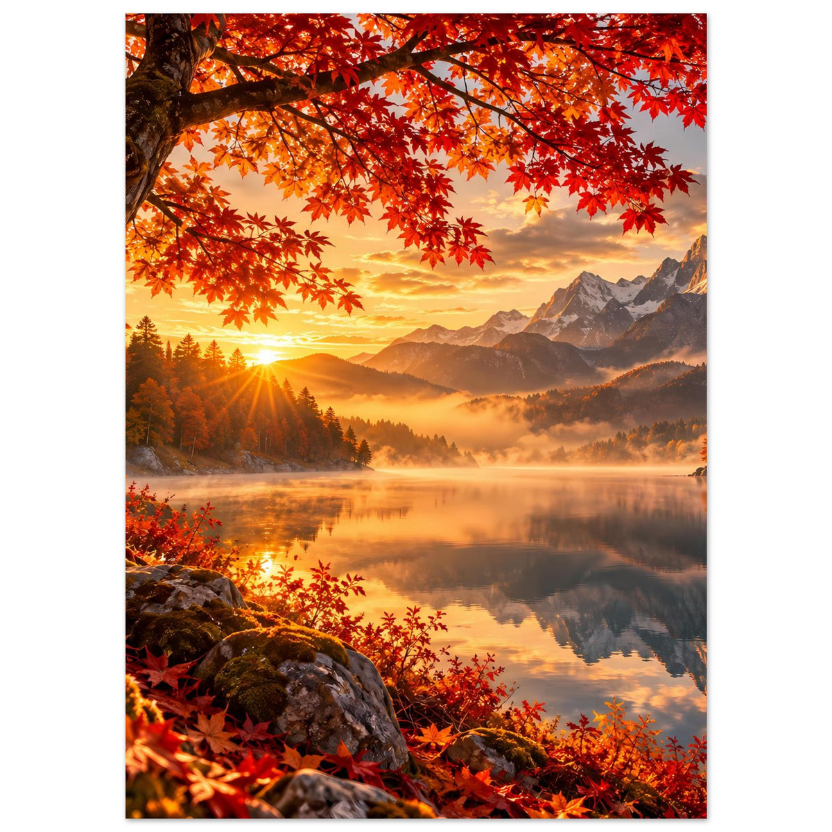 Herbstliches Sonnenaufgangs-Poster mit See im Vordergrund, roten Blättern und Berglandschaft