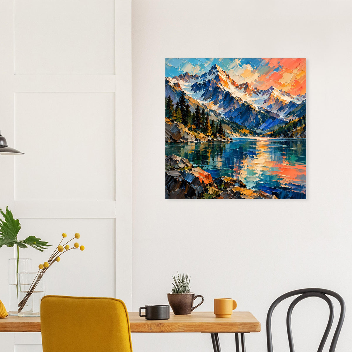 Quadratisches mattes Poster mit Bergsee und Felsen am Ufer