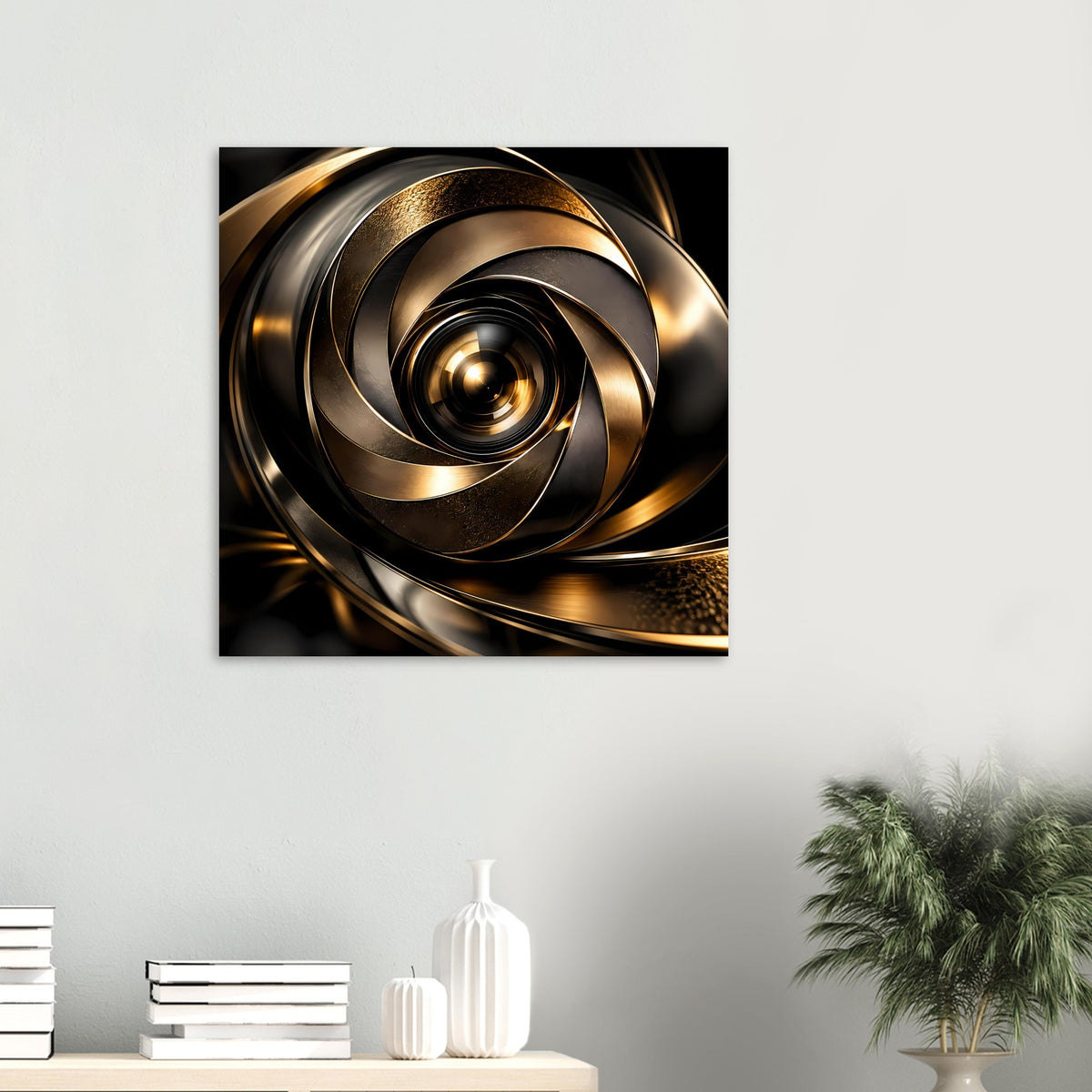 Abstraktes Poster: goldene Spirale aus konzentrischen Ringen auf dunklem Hintergrund