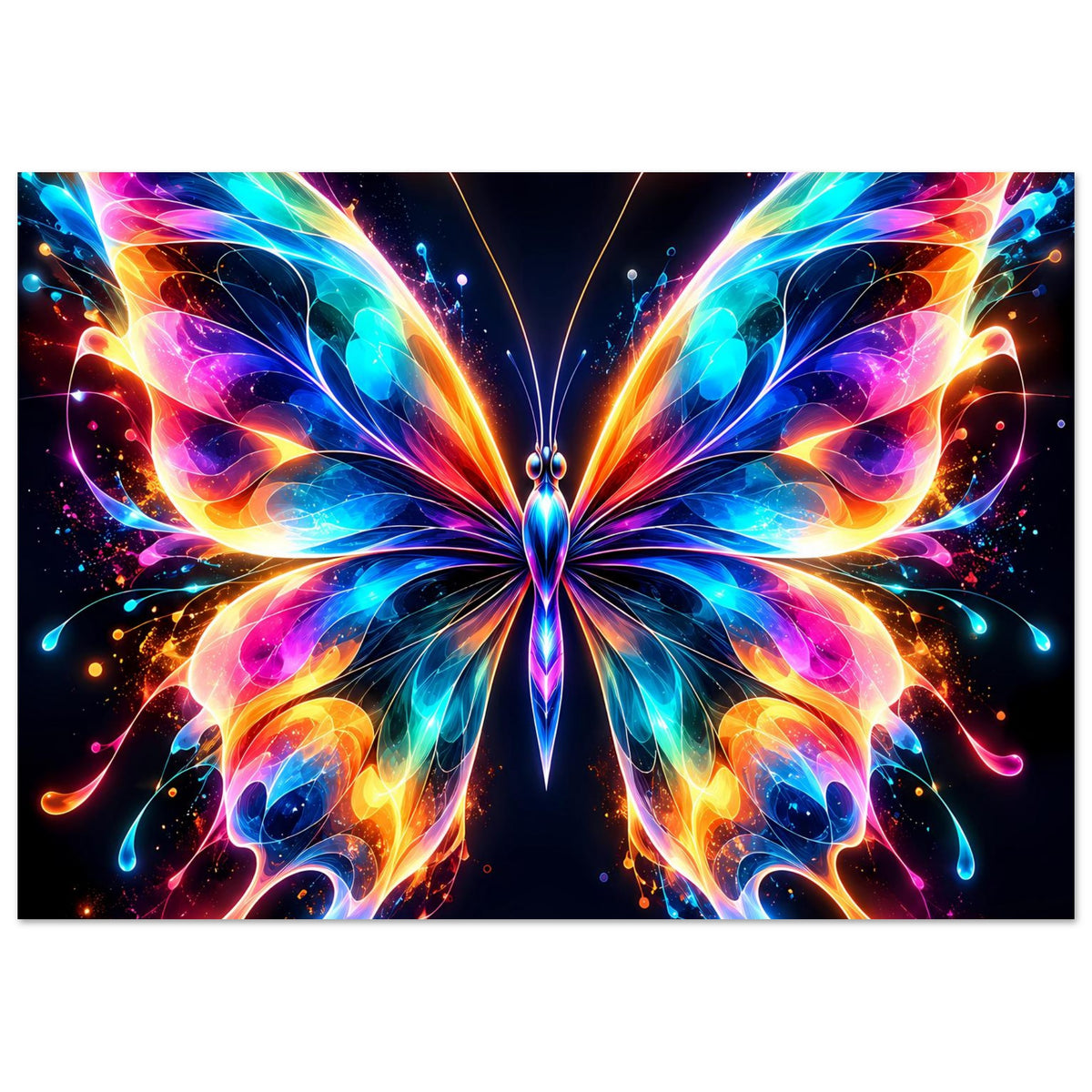Neon-Schmetterlingsposter mit kräftigem Zentrummotiv und leuchtenden Farbspuren
