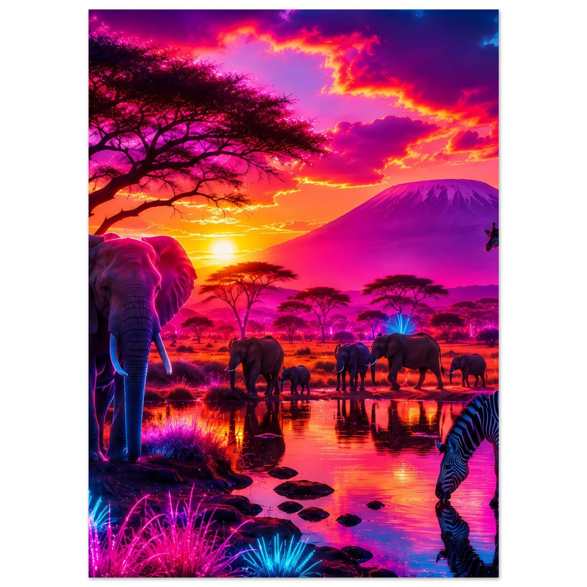 Neon-Safariposter mit Elefant im Vordergrund und Giraffe, Herde am leuchtenden Himmel.