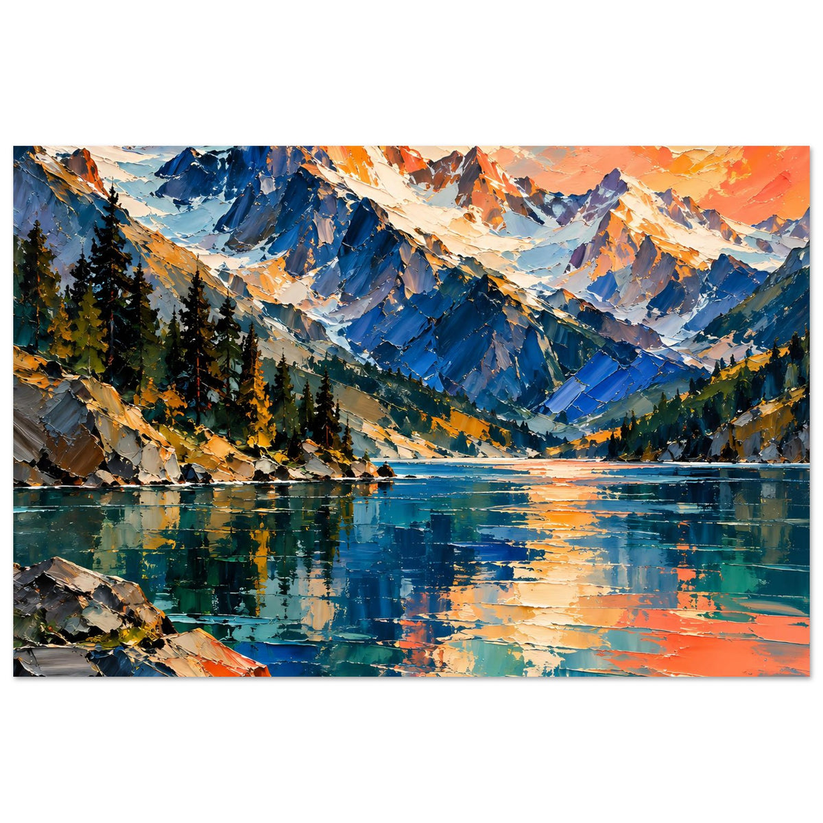 Matte Poster mit Bergsee-Landschaft: Spiegelung im See, Bergkette und Nadelbäume