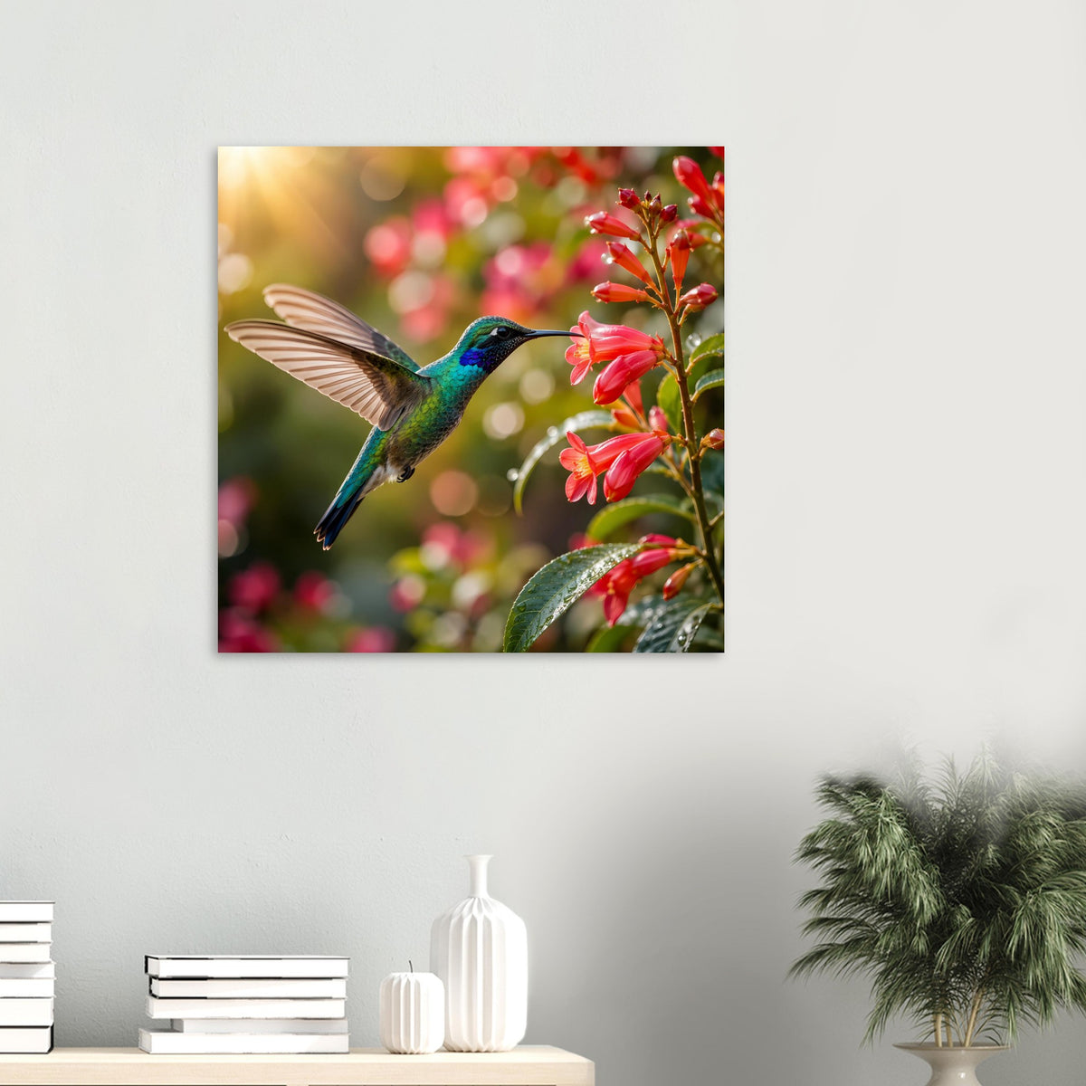 Kleines quadratisches Poster: Kolibri schwebend neben roten Blüten, farbige Details