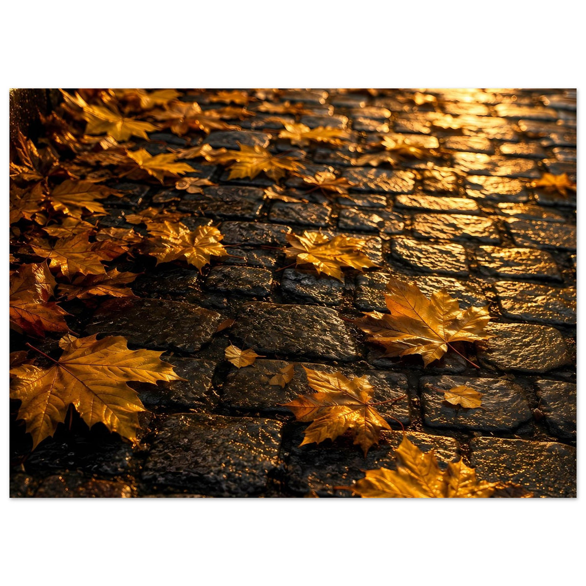 Herbstposter auf mattem Papier, horizontal: goldene Ahornblätter über dunkler Wandfläche