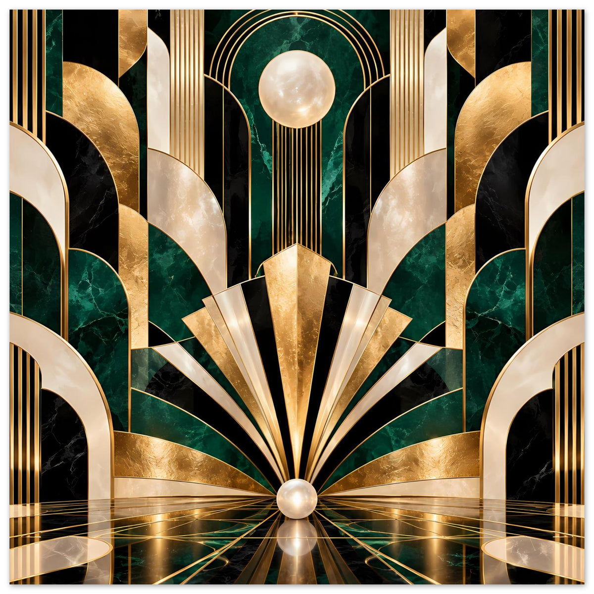 Art-Déco-Poster mit goldenen und smaragdgrünen geometrischen Mustern
