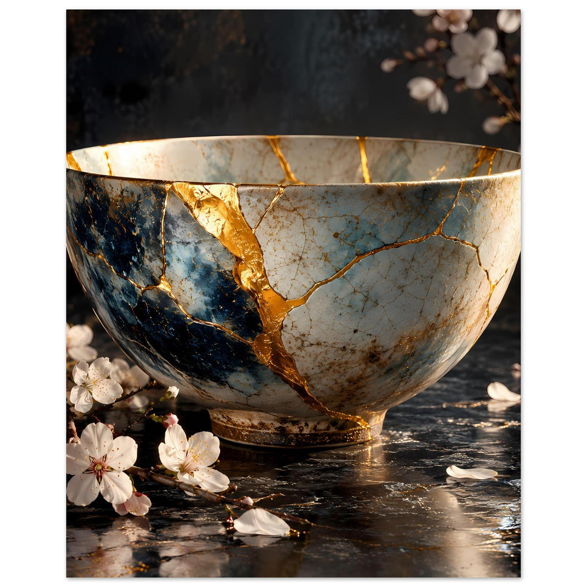 Poster mit Schüssel im Kintsugi-Stil: goldene Nähte, blaues Feld, Blüten im Vordergrund
