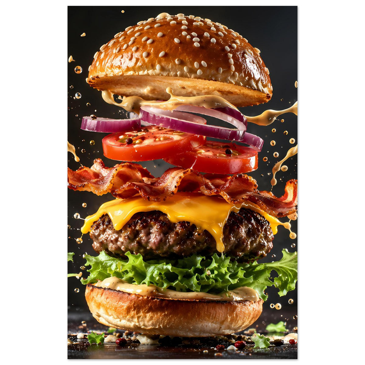 Burger-Poster im Hochformat: übereinander gestapelte Burgerhälften mit fließendem Käse