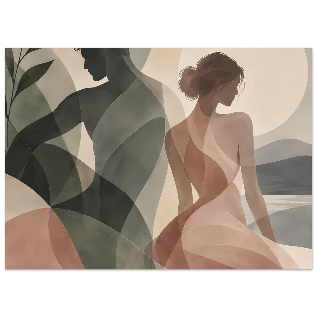 Liebesposter im Querformat mit zwei Frauen-Silhouetten in warmen, erdigen Pastelltönen.