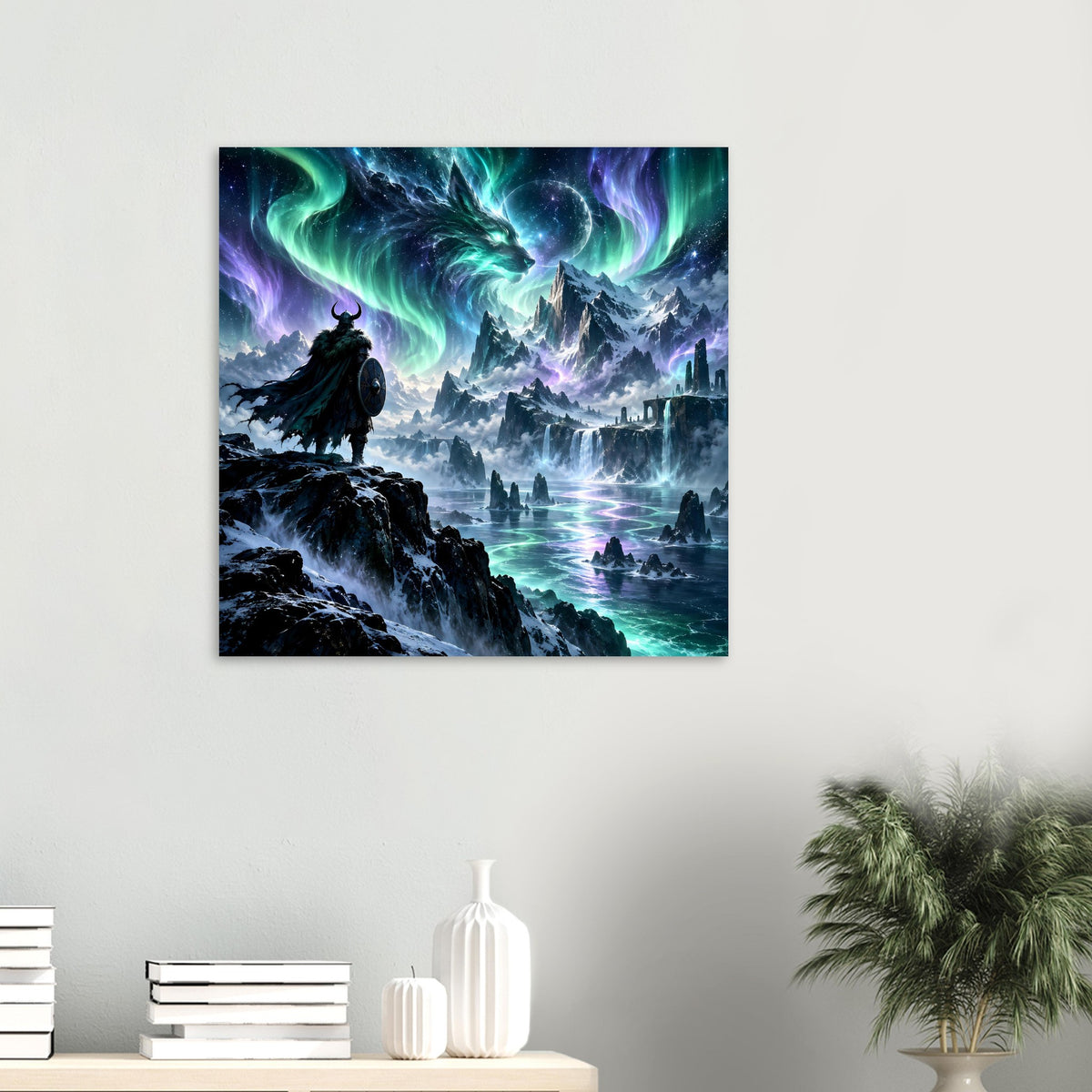 Fantasy-Poster klein: Krieger-Silhouette und Drachenkopf, türkisgrüne Aurora über Bergen und See