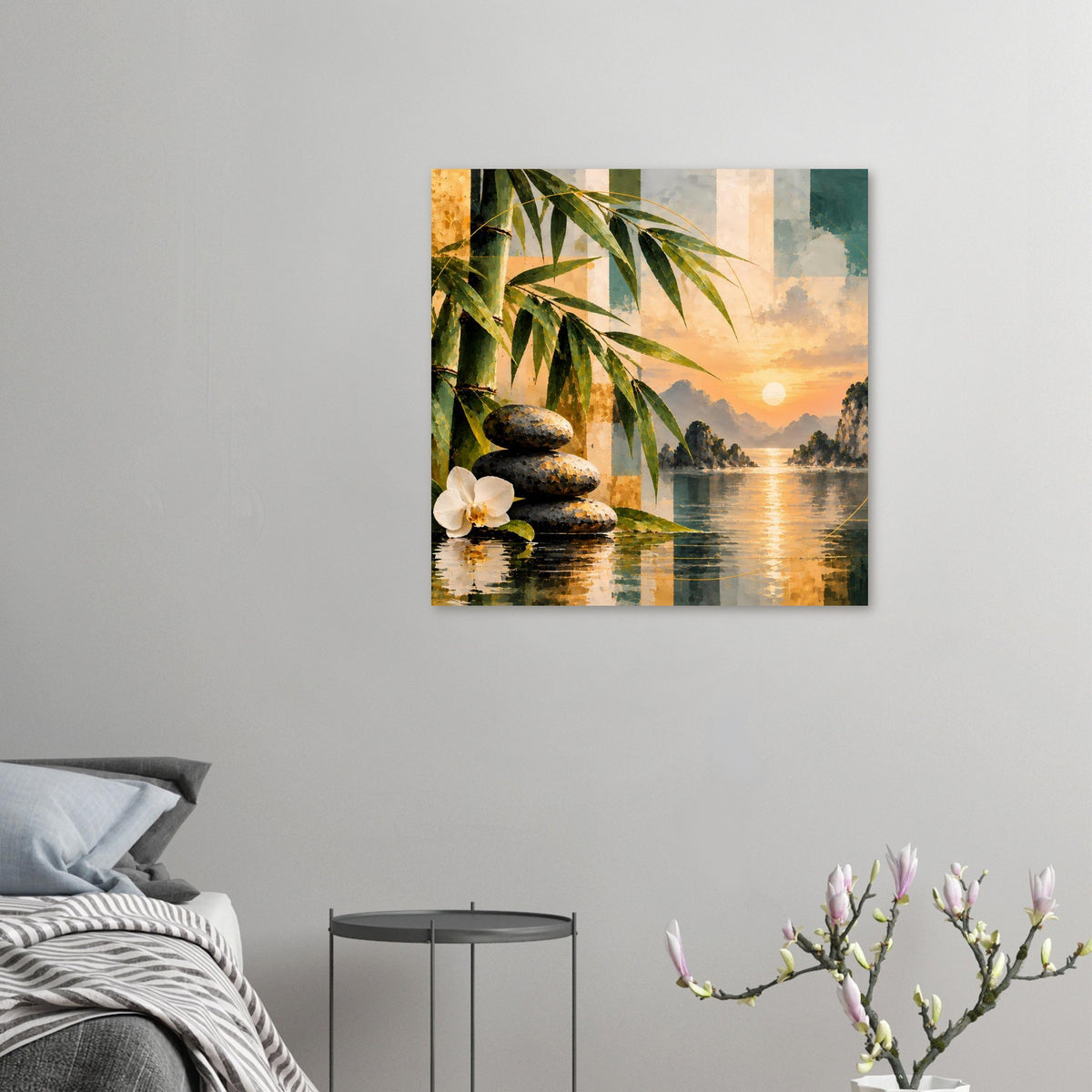 Poster-Ansicht mit Bambus, Meditationssteinen und weißer Orchidee bei Sonnenuntergang