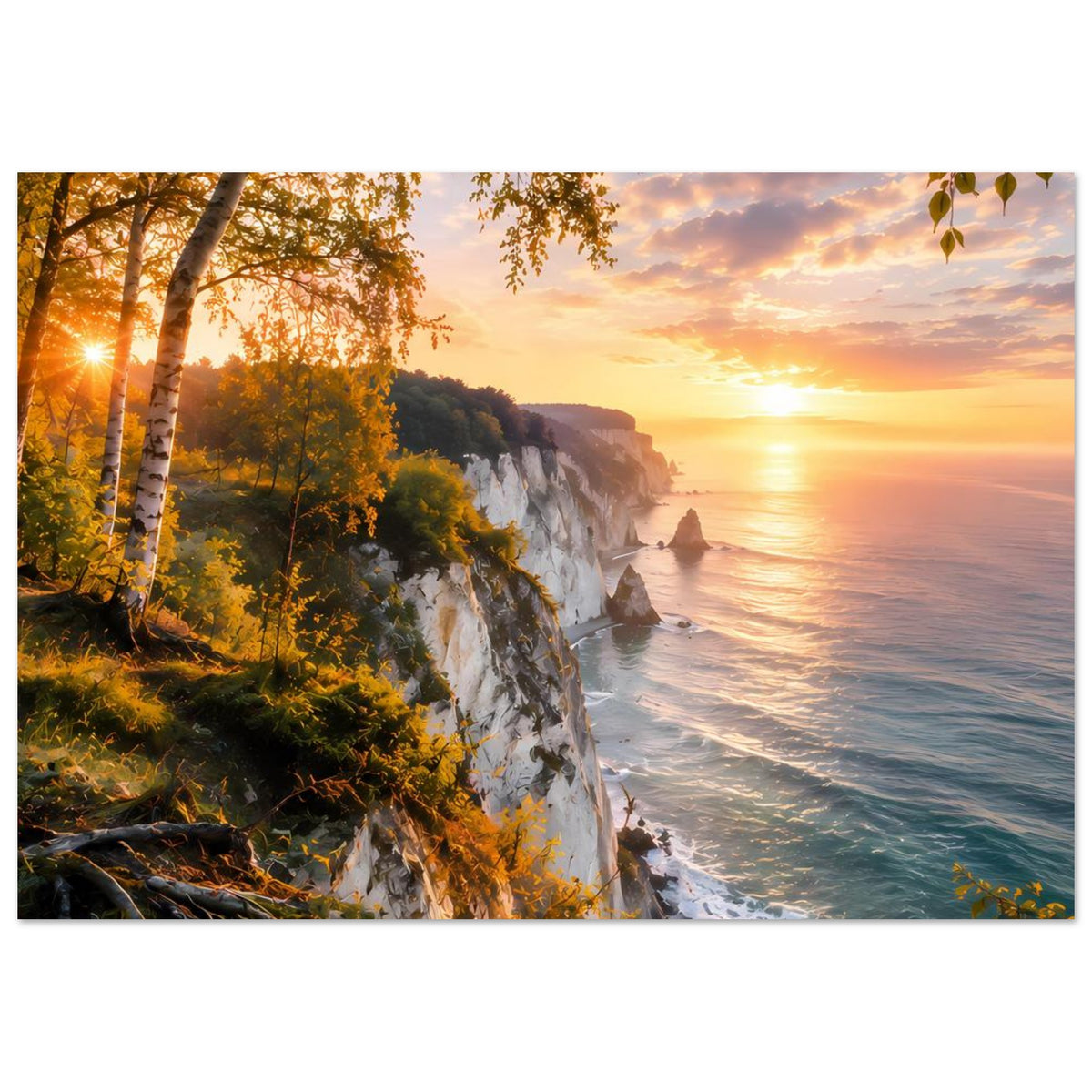 Horizontales Küstenlandschaftsposter mit Klippen, Sonnenuntergang, Wellen und Uferwald