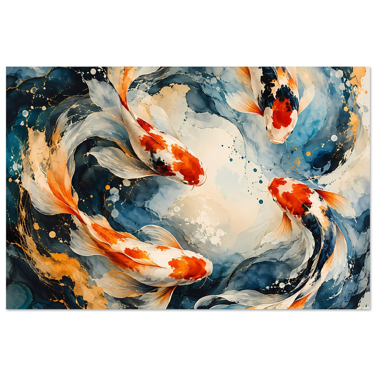 Japanisches Koi-Fisch-Poster im Querformat: blauer Wasserwirbel, orange-rote Koi