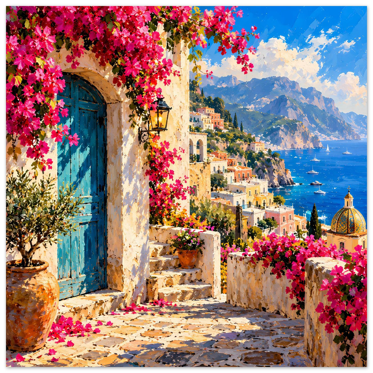 Mediterranes Poster mit blauer Tür, Bougainvillea, türkisblauem Meer, Bergen und Stadthäusern