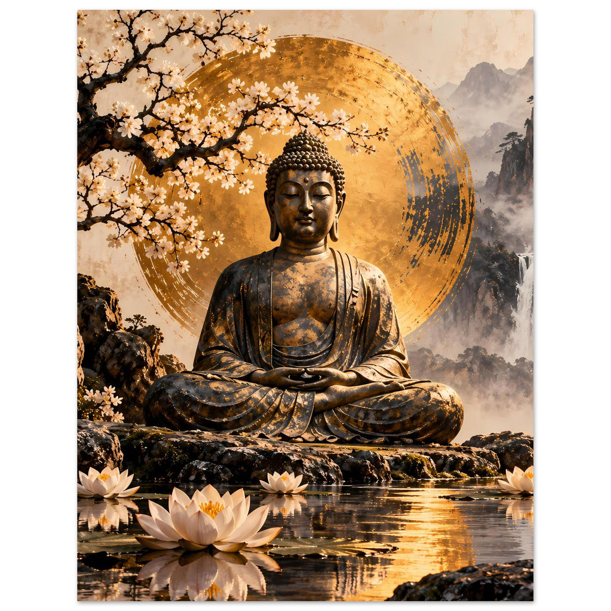 Posteransicht: sitzender Buddha mit goldener Aura, Kirschblütenzweig und Lotus am Ufer