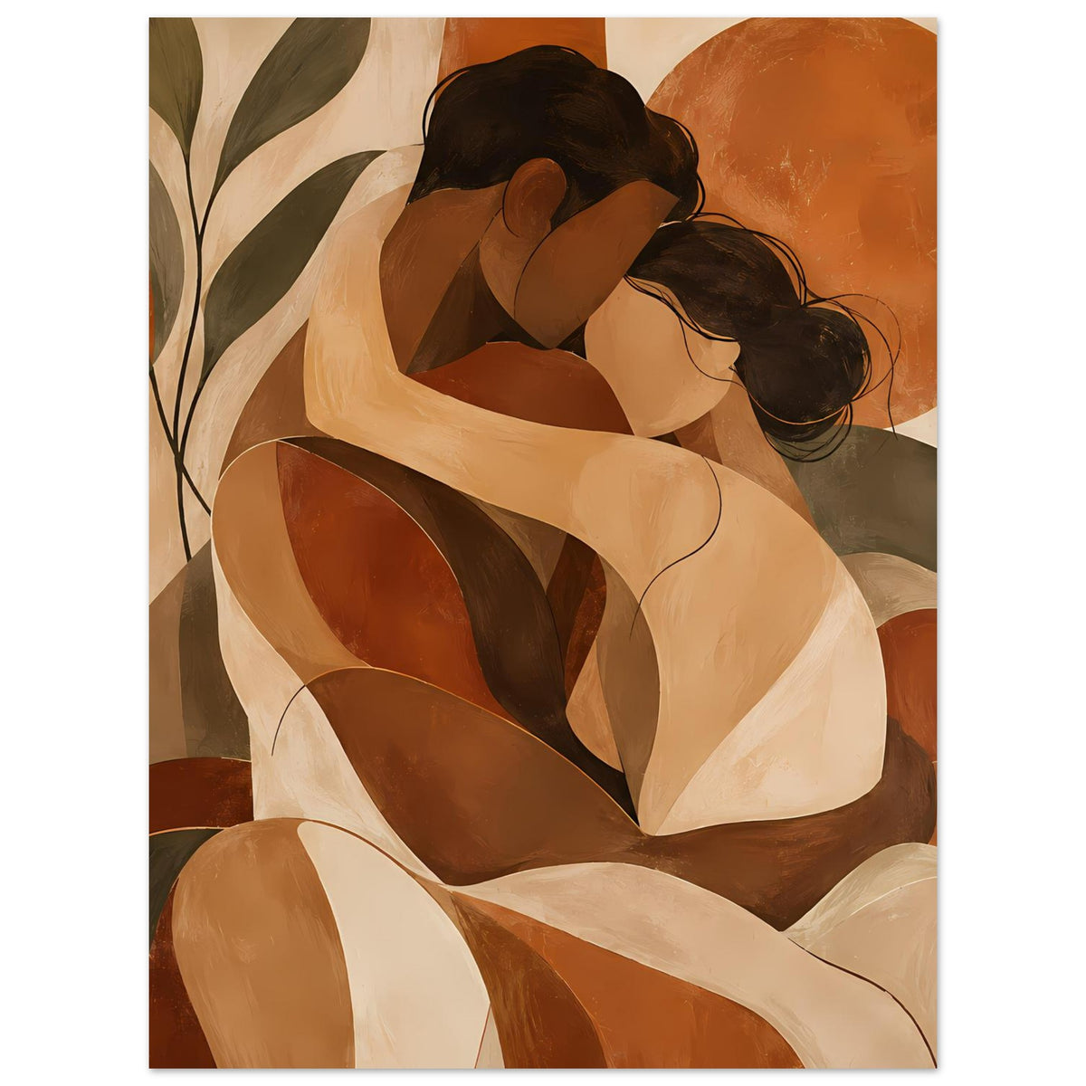 Kunstposter mit abstrakter Umarmung, Figurenüberlagerungen in Terrakotta und Beige