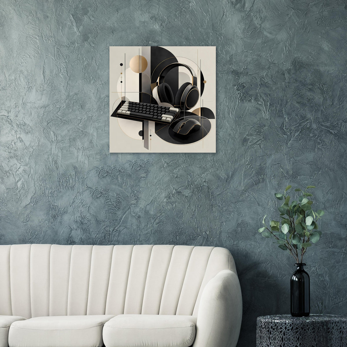 Gaming-Poster mit Kopfhörern und Tastatur in geometrischen Flächen, Schwarz und Gold auf Creme
