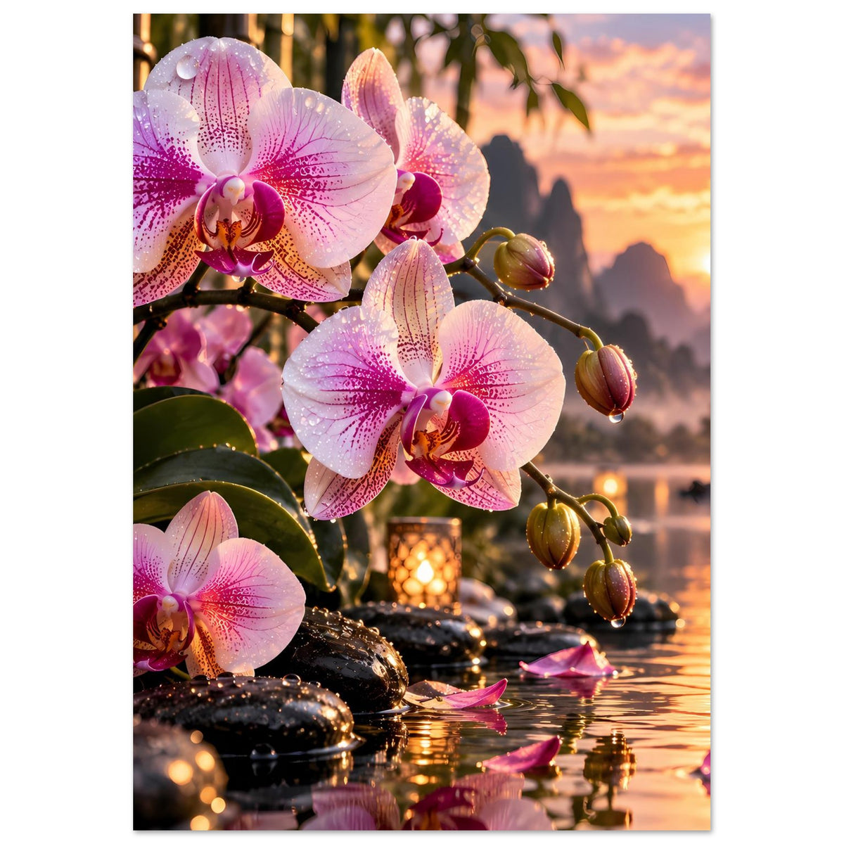 Orchideen-Poster im Hochformat: rosa Orchideen über goldenem Wasser mit Kerzenlicht