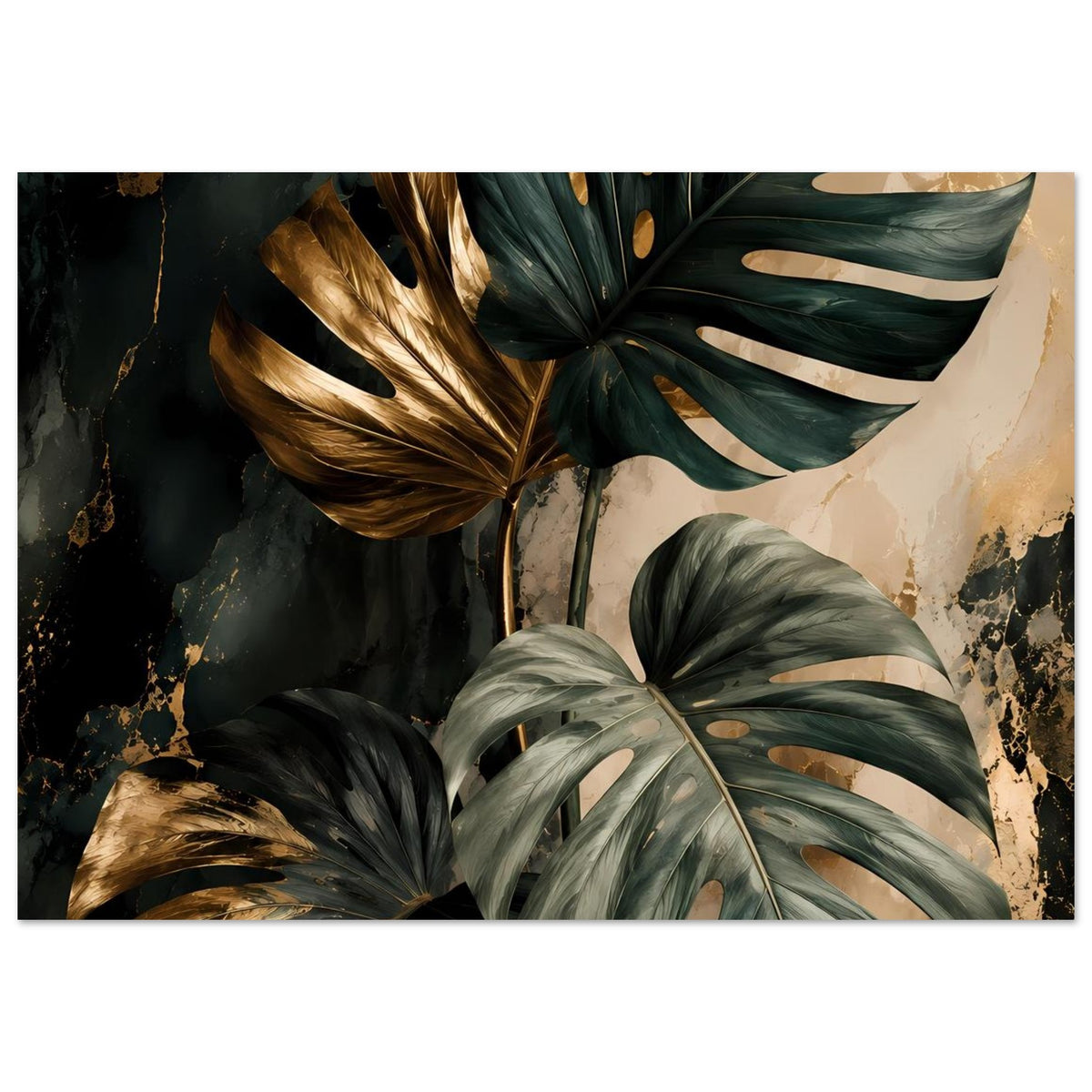Poster mit Monstera-Blättern in dunkelgrün und goldenen Highlights, kräftiger Blattkontrast.