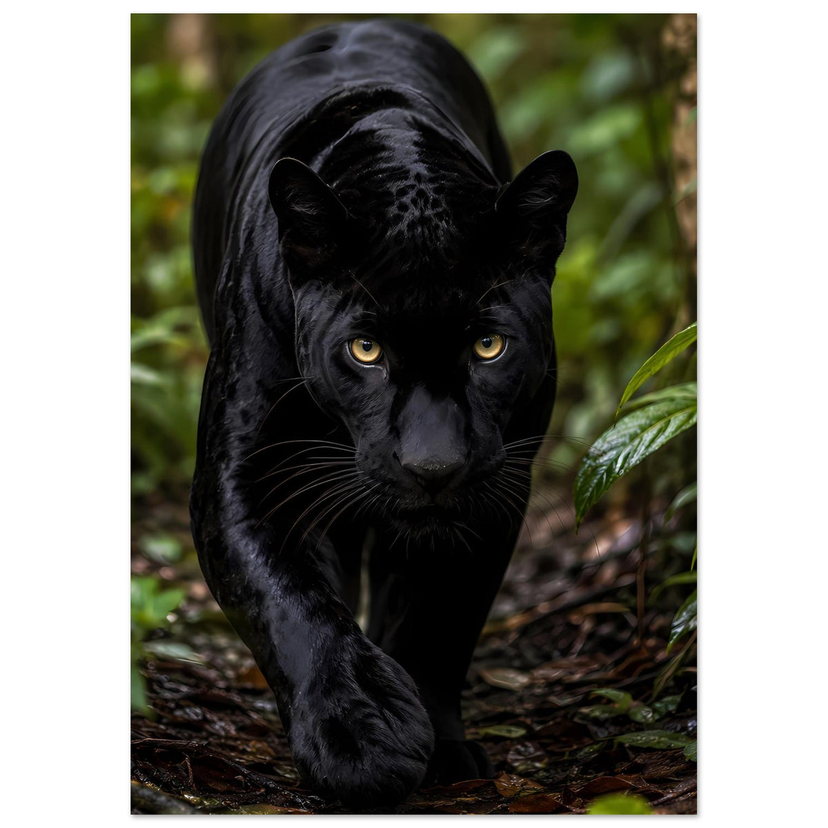Poster mit schwarzem Panther im Dschungel, goldene Augen, auf dem Boden vorgestreckt