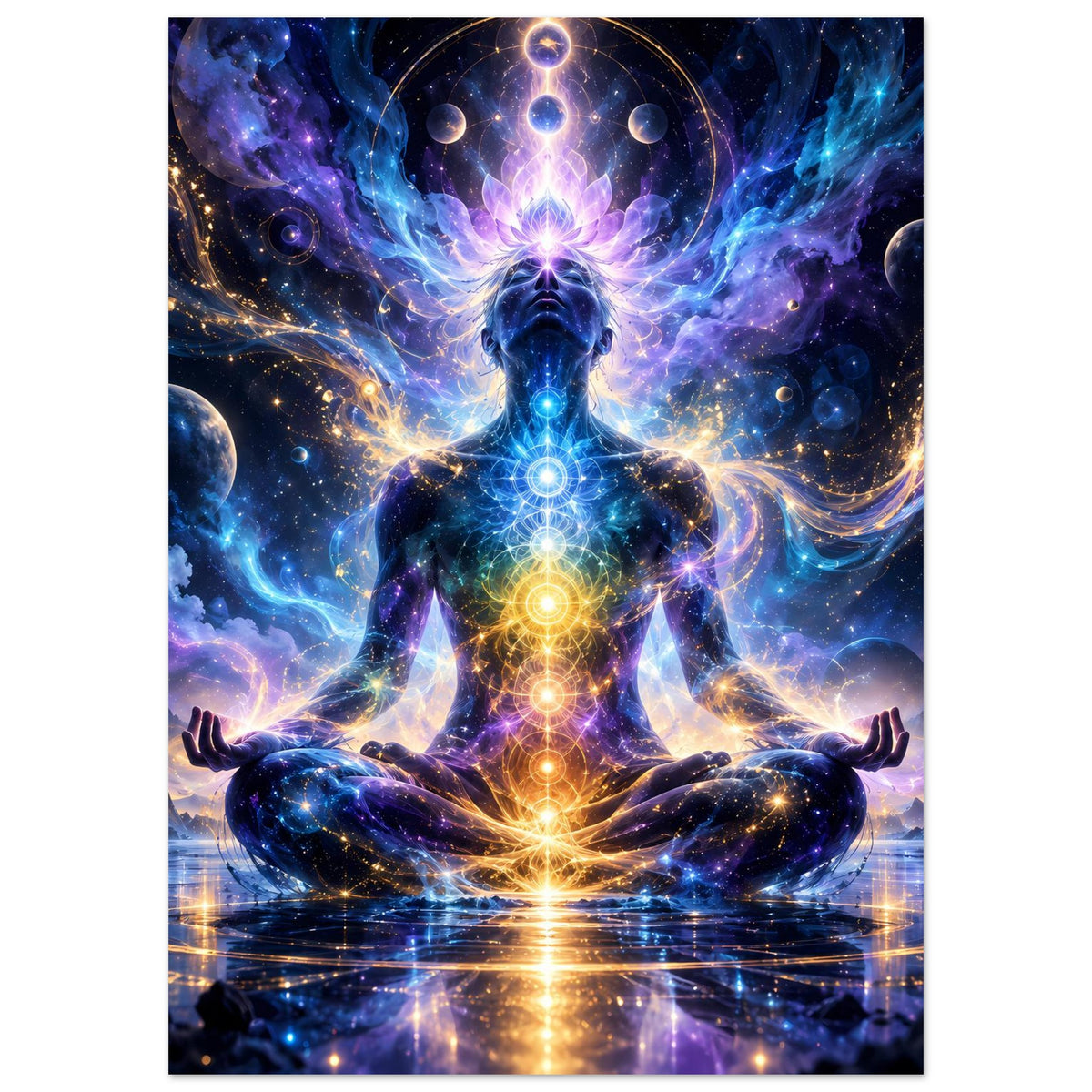 Poster im Querformat: meditierende Chakra-Figur mit leuchtenden Punkten und Kreis-Symbolen