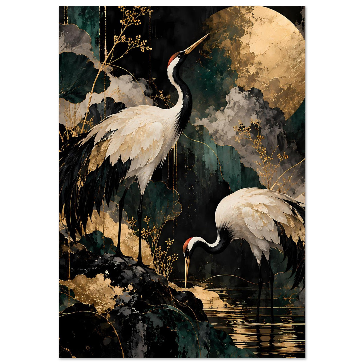Kunstposter im Hochformat: Kraniche vor goldener Mondsichel, schwarze und weiße Flügel, Rand